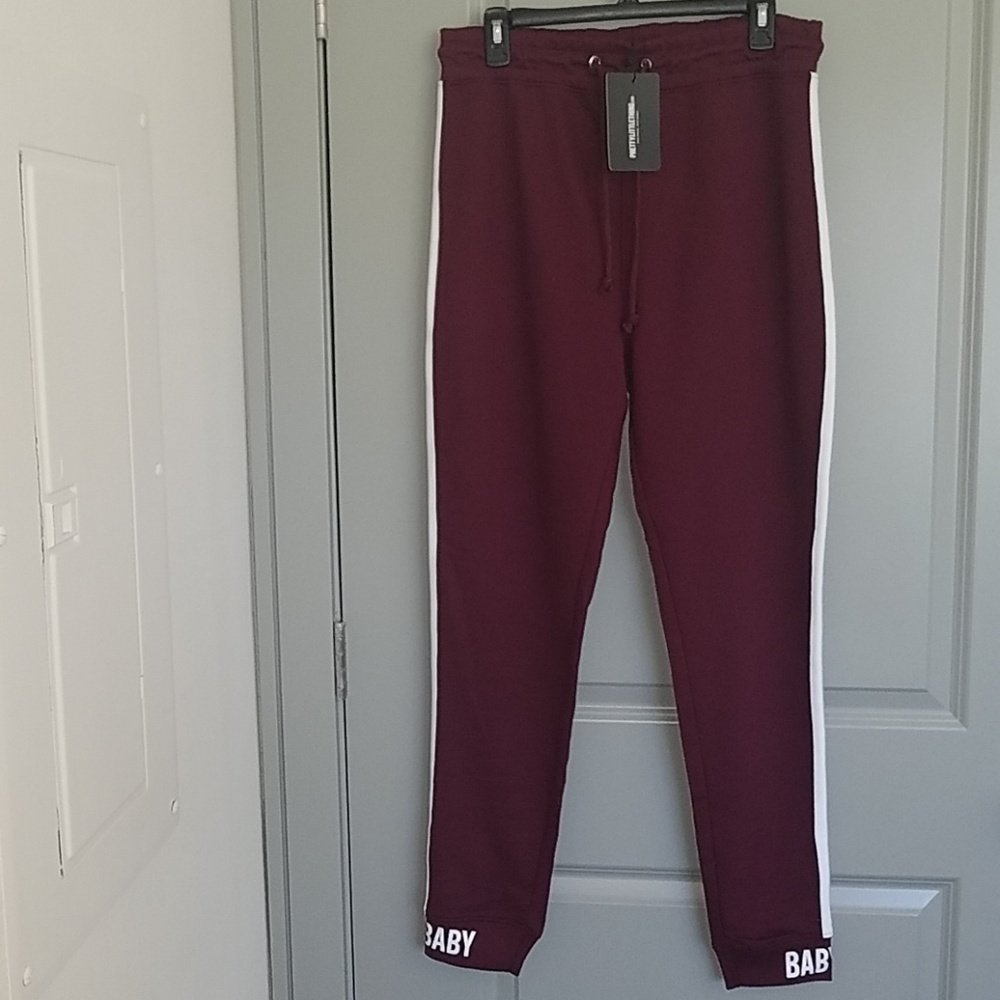 Burgundy Joggers with Slogan Baby at cuff